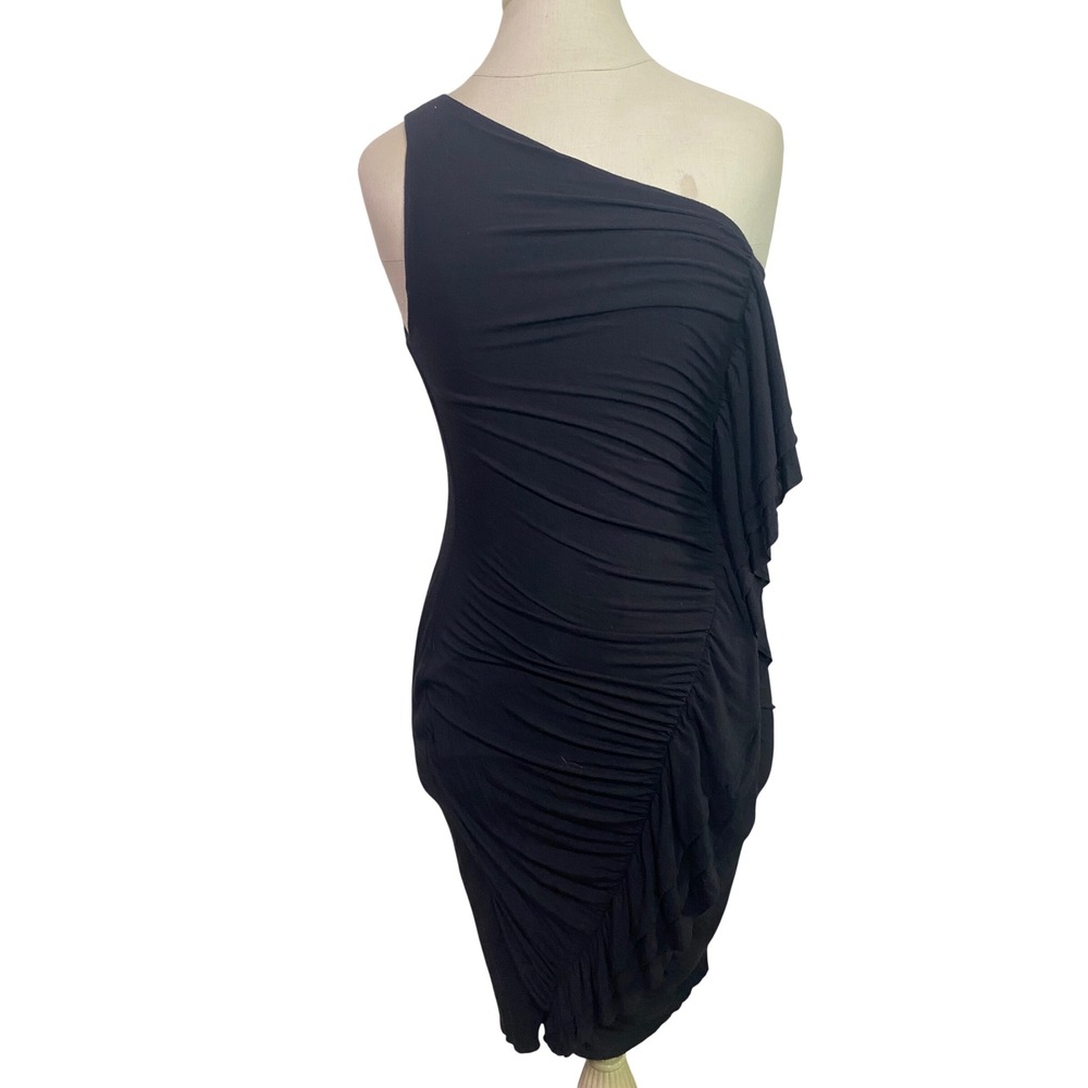 Bailey 44 Black One Shoulder Ruched Ruffle Bodycon Midi Cocktail Dress